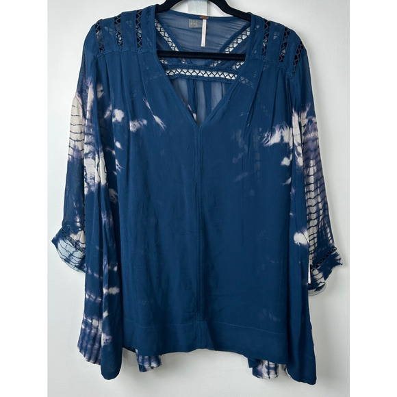 NEW Free People XS Tie Me Down Top Oversized Bohemian Tie Dye Sheer Lace A34 - Picture 2 of 8